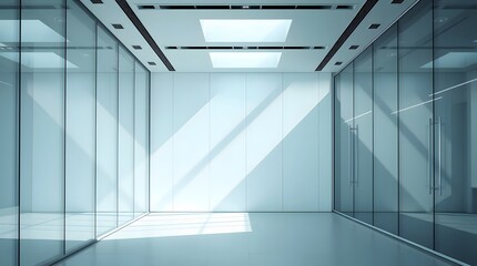 Modern Corporate Office Interior with large glass walls and natural light, minimalist design