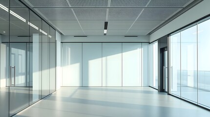 Obraz premium Modern Corporate Office Interior with large glass walls and natural light, minimalist design