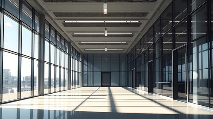 Obraz premium Modern Corporate Office Interior with large glass walls and natural light, minimalist design