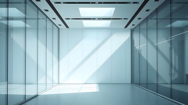 Modern Corporate Office Interior with large glass walls and natural light, minimalist design
