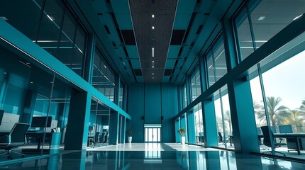 Obraz premium Modern Corporate Office Interior with large glass walls and natural light, minimalist design