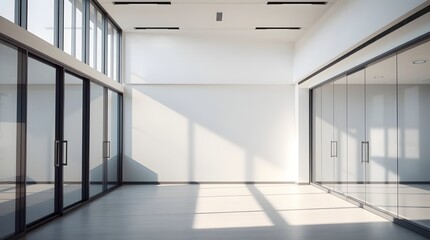 Obraz premium Modern Corporate Office Interior with large glass walls and natural light, minimalist design