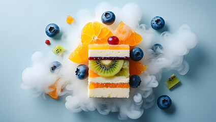 Obraz premium Delicious red kiwi and strawberry dessert with a sweet fountain of fresh fruits and berries, cake model smoke background