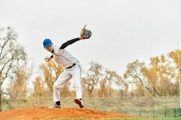 Teenage boy showcases skills on the baseball field in warm autumn light