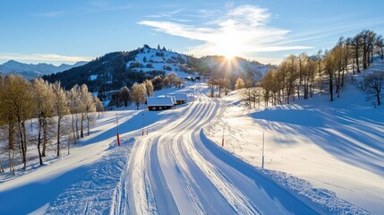 Obraz premium Scenic Winter Landscape with Snow-Covered Trails and Sunrise