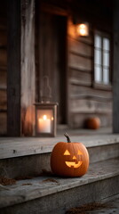 Obraz premium Jack-o'-lantern glowing on wooden porch steps during Halloween 