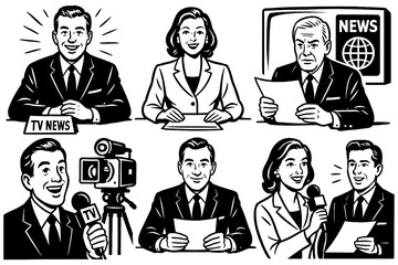 News anchors and reporters broadcasting in retro comic style, Transparent Background