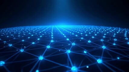 Dynamic glowing blue digital network grid pulsing with data, representing global connectivity and technology innovation. AI generative video - Powered by Adobe