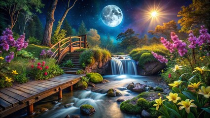 Rustic Wooden Bridge Waterfall Wildflowers Night Photography