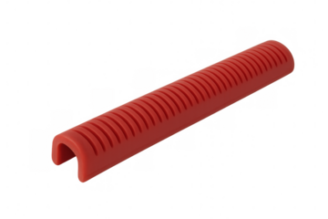 Red silicone grip sleeve resting on transparent background