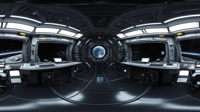 Dark spaceship interior. 360-degree panoramic reflection mapping of a futuristic spaceship. 4k video.