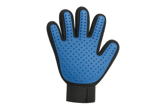 Pet grooming glove with rubber bristles for shedding and bathing on transparent background
