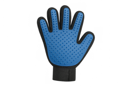 Pet grooming glove with rubber bristles for shedding and bathing on transparent background