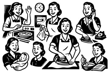 Housewife doing daily chores and home tasks in retro comic style, Transparent Background