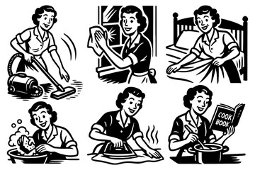 Housewife doing daily chores and home tasks in retro comic style, Transparent Background
