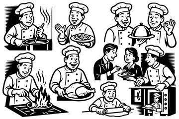 Chefs preparing and presenting food in retro comic kitchen style, Transparent Background