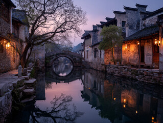 Ancient village in Anhui with canals and stone bridges at dusk