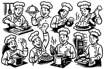 Chefs preparing and presenting food in retro comic kitchen style, Transparent Background