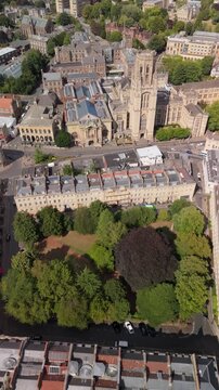 Bristol UK: 28th July 2025: Drone view of Berkeley Square and Bristol Museum Art Gallery and University of Bristol Law School. Vertical video