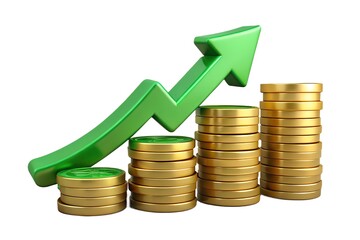 Green arrow graph showing upward trend over stacks of gold coins