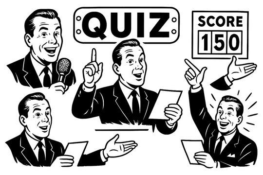 Game show host with quiz signs and prize money in retro comic style, Transparent Background