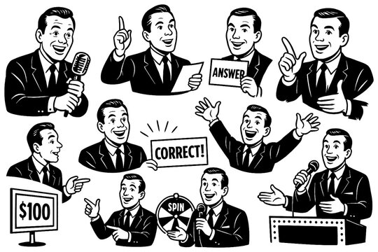 Game show host with quiz signs and prize money in retro comic style, Transparent Background