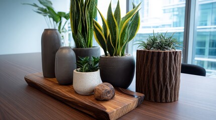 Arrangement of potted plants and vases on a wooden tray in a modern office setting near a window