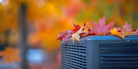 Autumn leaves resting on an air conditioning unit.