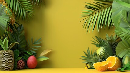 Tropical Foliage Background with Fruits and Lush Greenery Accents