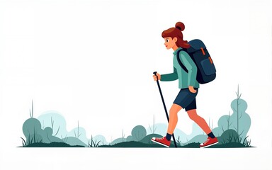 Cartoon girl hiking with backpack and pole on united states women s equality day isolated on transparent background. High quality