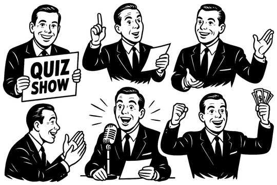 Game show host with quiz signs and prize money in retro comic style, Transparent Background