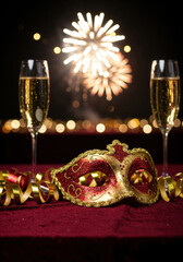 Elegant red and gold masquerade mask with champagne and fireworks for Christmas celebration