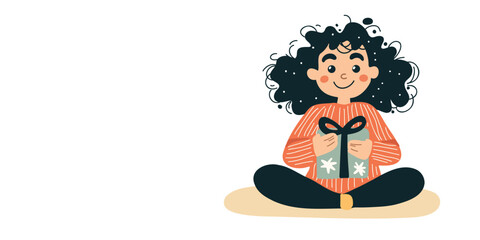 vector illustration of a little girl with a wrapped surprise space for text