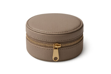 Round beige leather jewelry box with gold zipper on transparent background