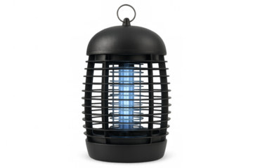 Electronic insect killer lamp with ultraviolet light emitting grid on transparent background