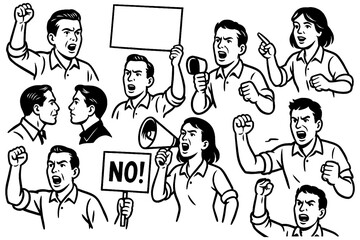 Protesters holding signs and banner shouting "Stop" in retro comic style, Transparent Background