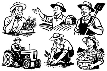 Farmers planting, harvesting, and working the land in retro comic style, Transparent Background