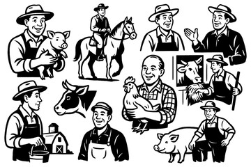 Farmer caring for livestock and poultry in retro comic style, Transparent Background