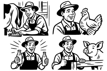 Farmer caring for livestock and poultry in retro comic style, Transparent Background