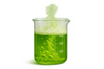 Green chemical reaction bubbling and smoking in beaker with transparent background