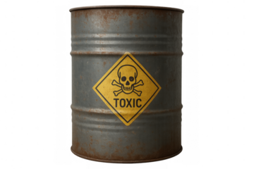 Rusty metal barrel showing toxic symbol on transparent background