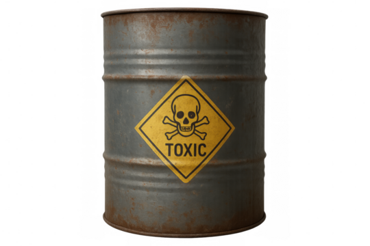 Rusty metal barrel showing toxic symbol on transparent background - Powered by Adobe