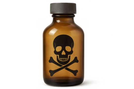 Skull and crossbones symbol on transparent glass poison bottle