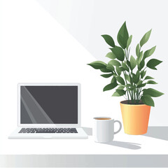 a clean workspace with lapotop ornamental plants, glasses on the table