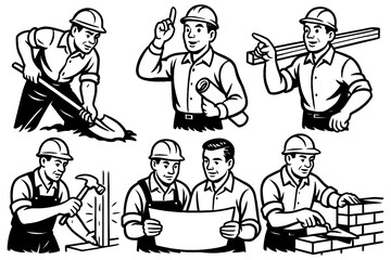 Construction workers and site activities in vintage retro comic style, Transparent Background