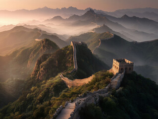 Great Wall of China winding over misty mountains during sunrise, epic composition