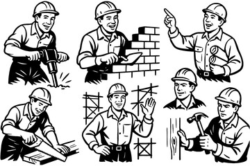 Construction workers and site activities in vintage retro comic style, Transparent Background
