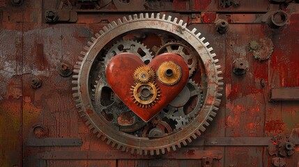 Fototapeta premium Mechanical Heart with Gears on Rustic Metal Background