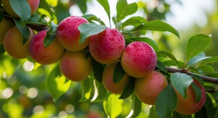 Close up of ripe plums on a branch with green leaves in a garden during a sunny summer day
