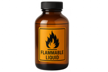 Brown bottle containing flammable liquid on transparent background